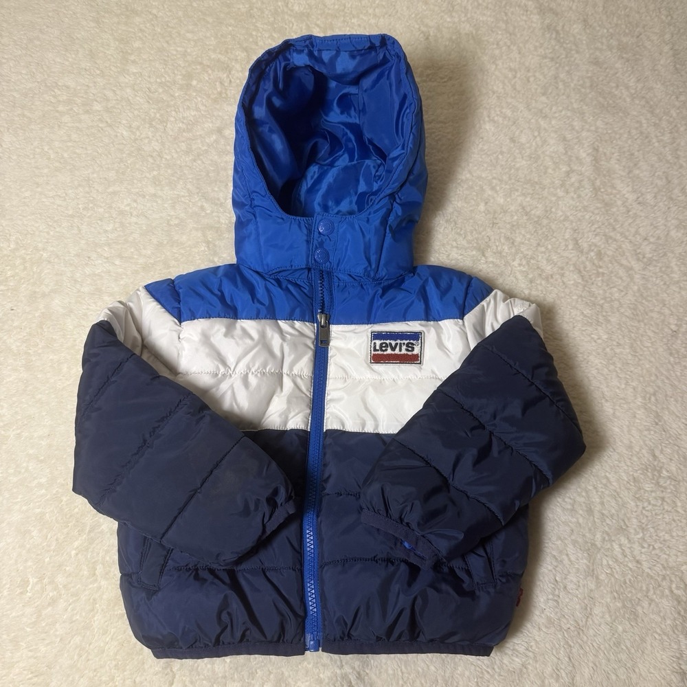 Levi's Toddler Boys 3T Blue White Navy Colorblock Hooded Puffer Jacket